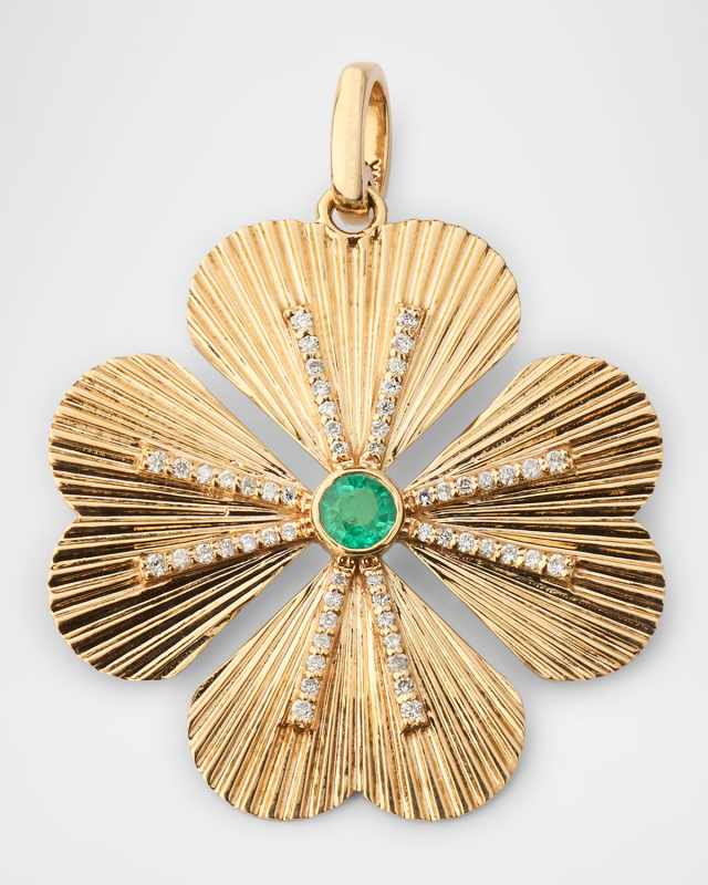 14K Yellow Gold Diamond and Emerald Clover Charm